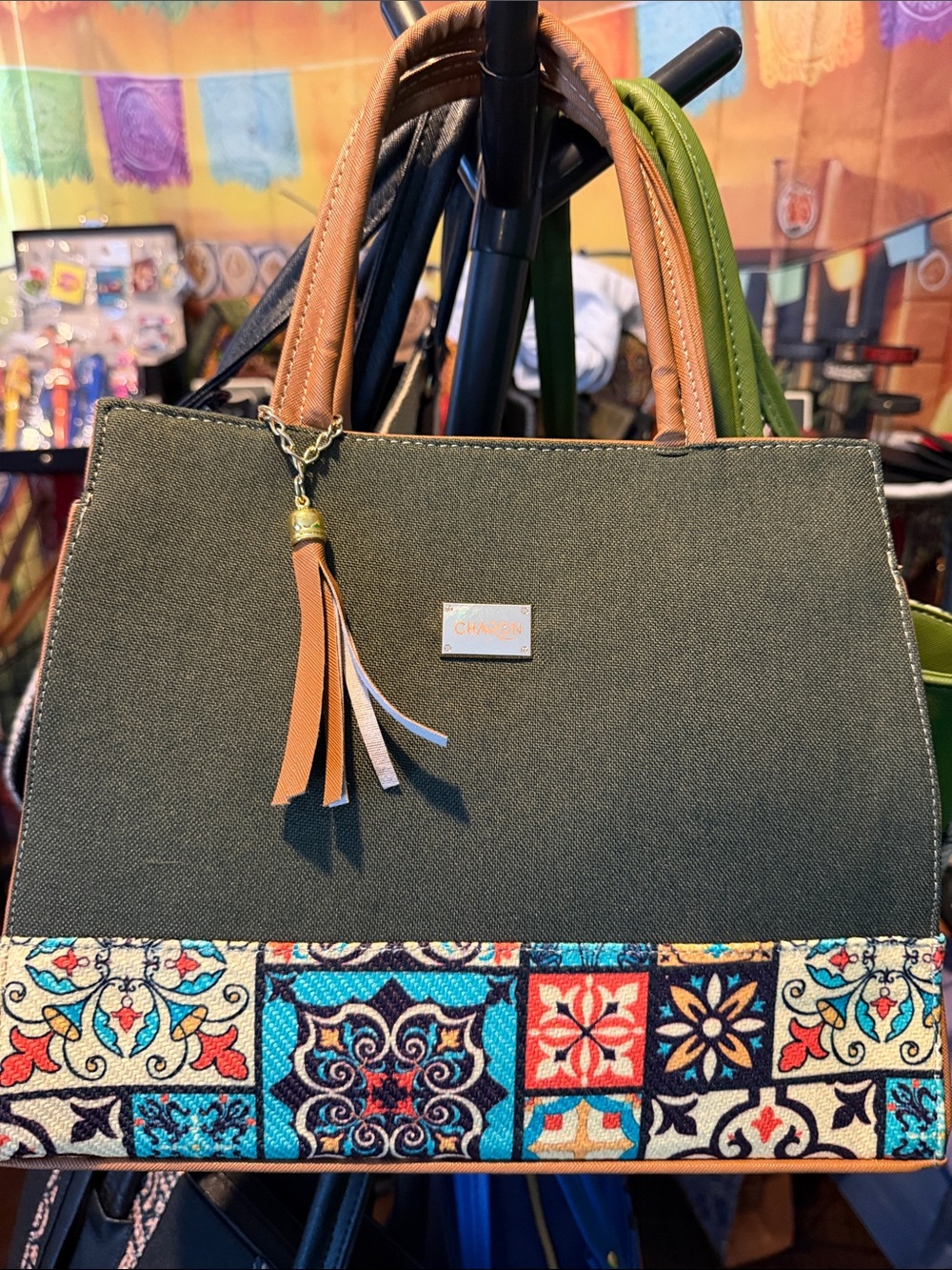Canvas Tote with Tan Handles and Multicolor Tile Trim